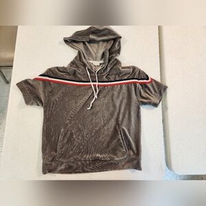 POL Anthropologie Distressed Stone Short Sleeve 3 Stripe Pullover Hoodie